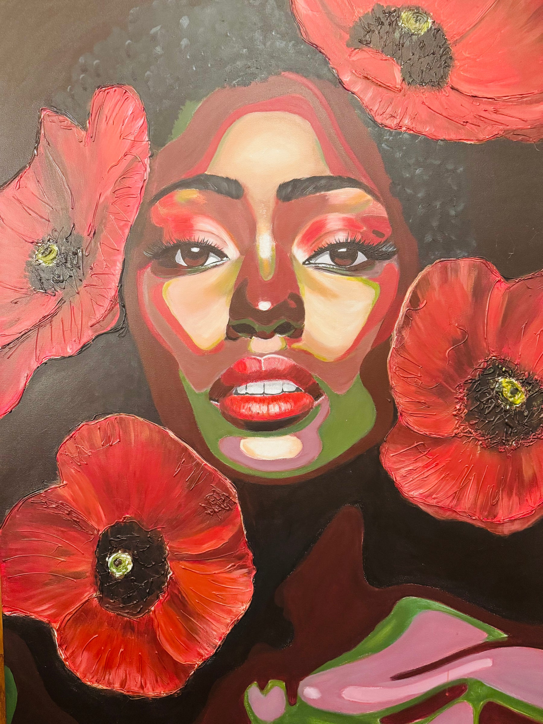 Black Essence, a woman among red poppies, acrylic painting by Veronda Jones