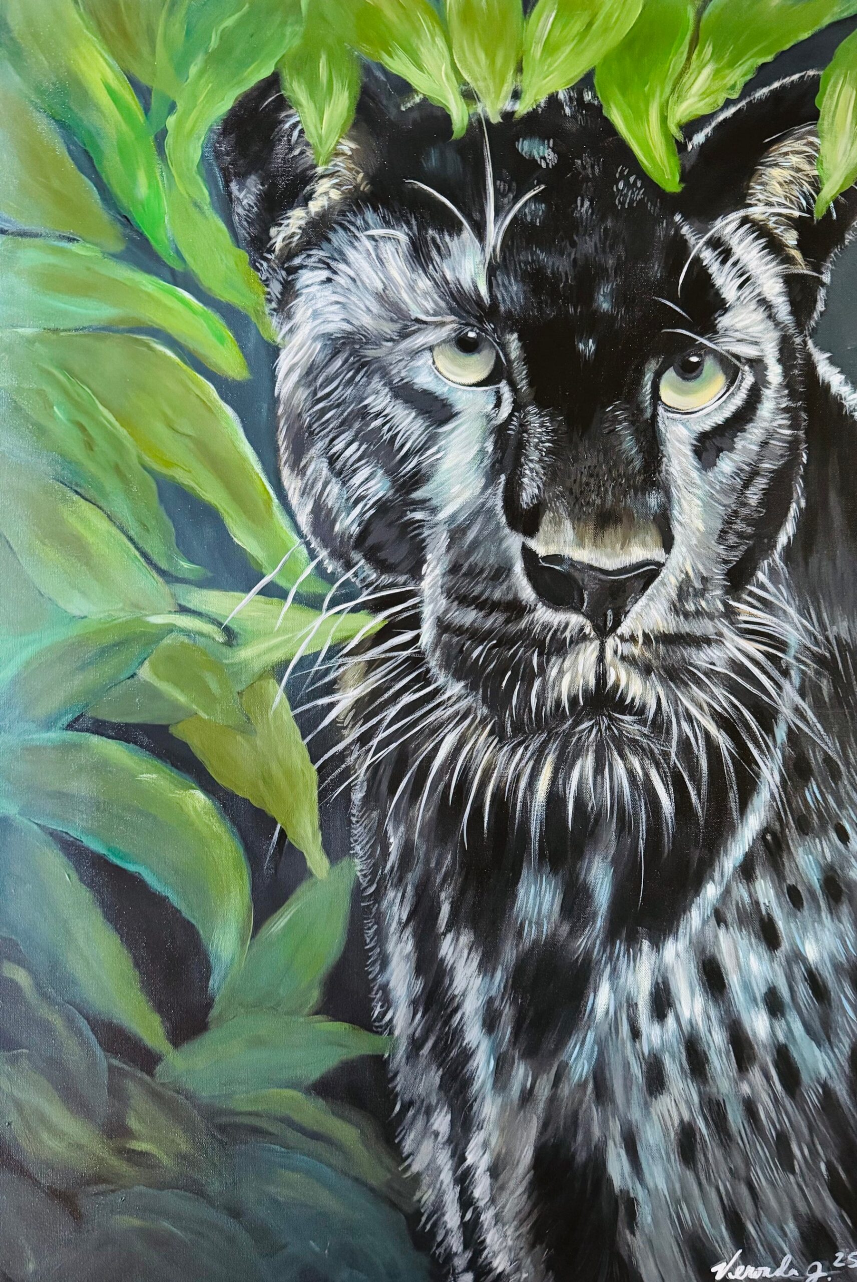The Black Panther, a panther among green leaves, acrylic painting by Veronda Jones