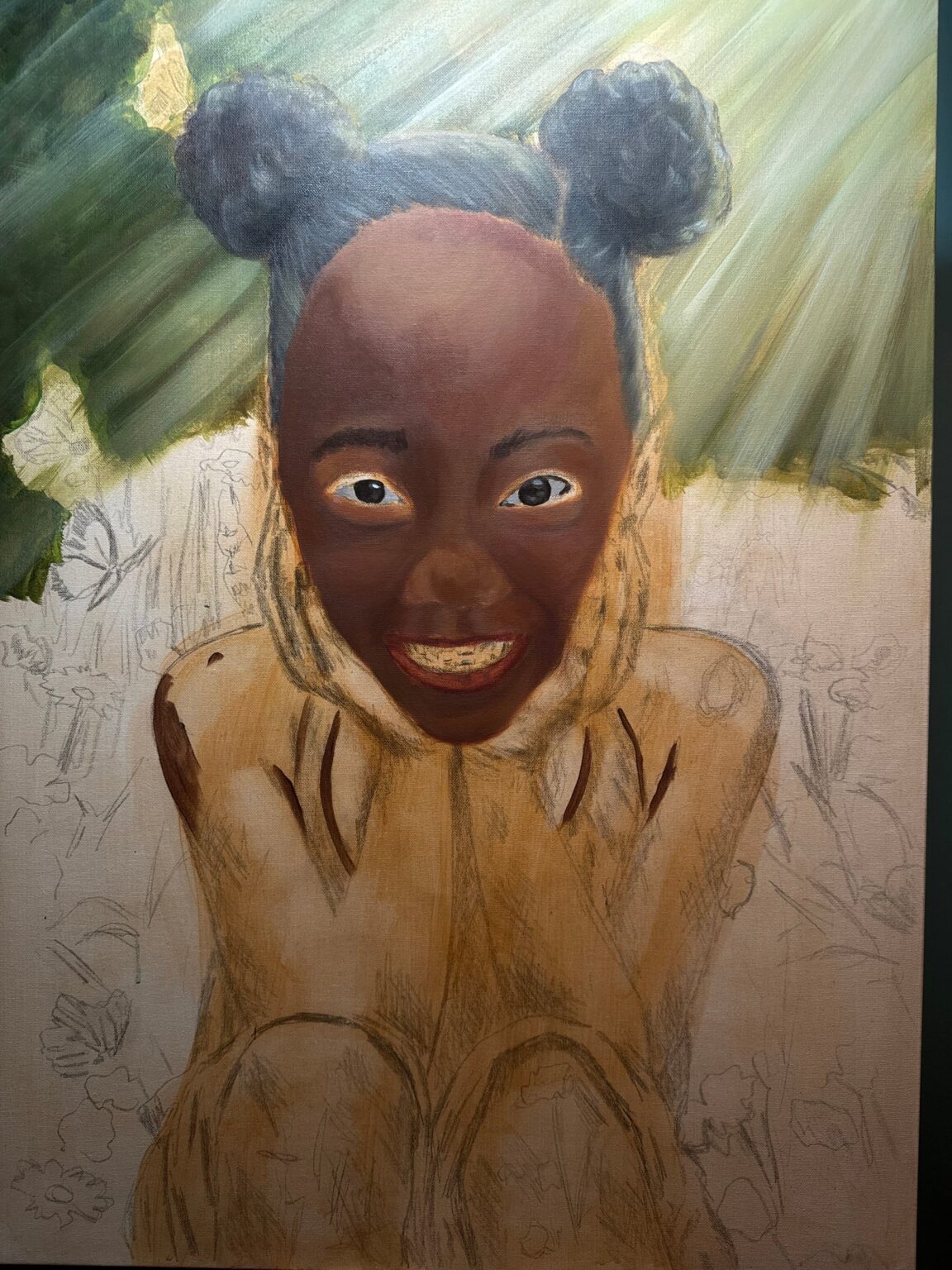 Work in progress: a smiling girl in a field of wildflowers, painting by Veronda Jones