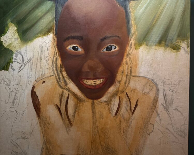 Work in progress: a smiling girl in a field of wildflowers, painting by Veronda Jones