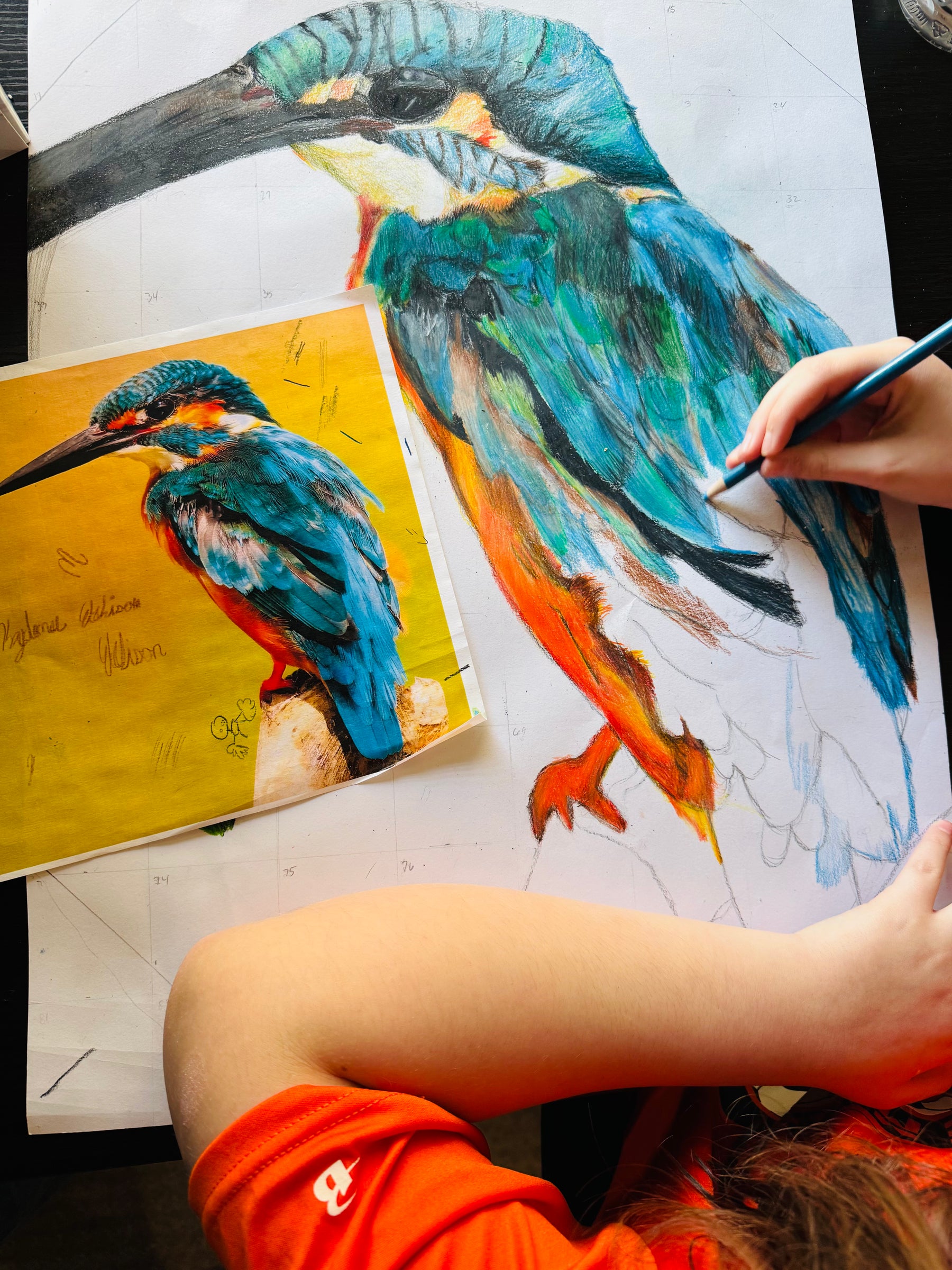 Student painting a colorful kingfisher in a private art class