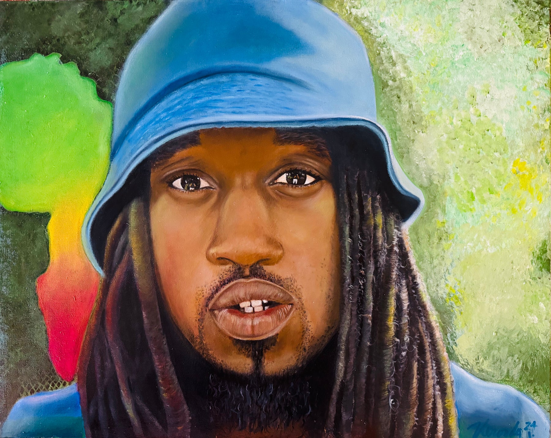 Dread Life, portrait of a man in a blue bucket hat, acrylic painting by Veronda Jones