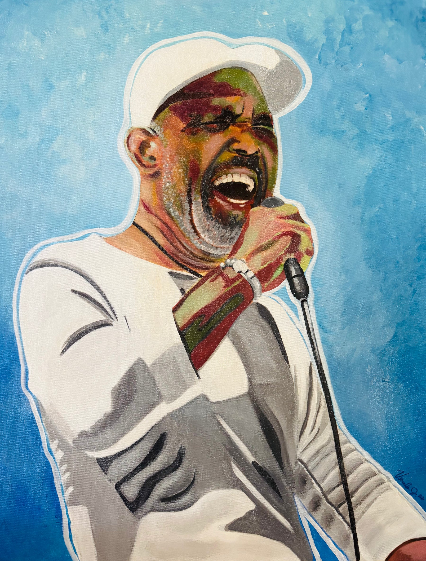 Frankie Beverly singing, acrylic portrait by Veronda Jones