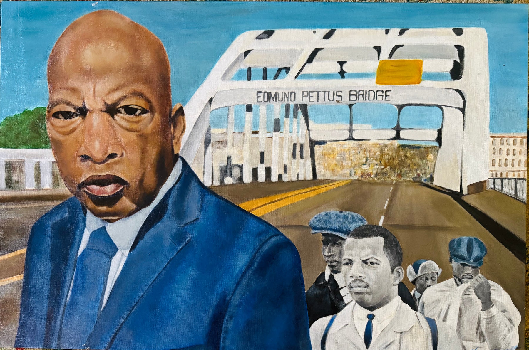 John Lewis and the Edmund Pettus Bridge, mixed media painting by Veronda Jones